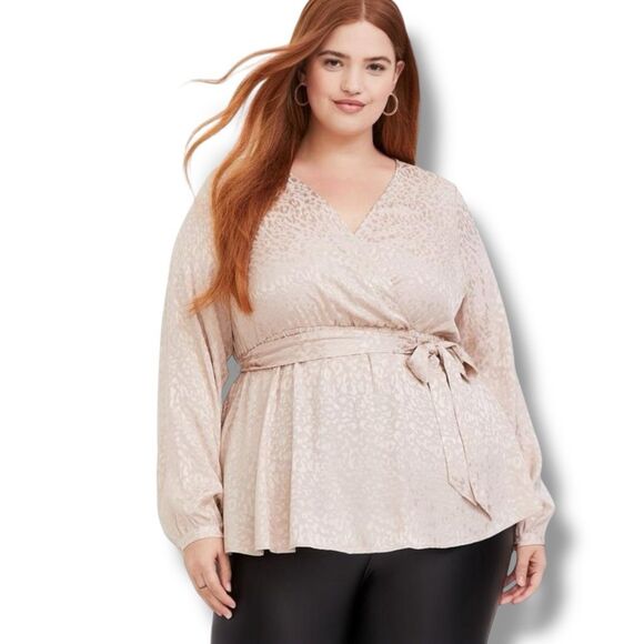 Torrid (2X) Jacquard Surplice Leopard Top - Shimmery Champagne Wrap Blouse - Picture 1 of 15